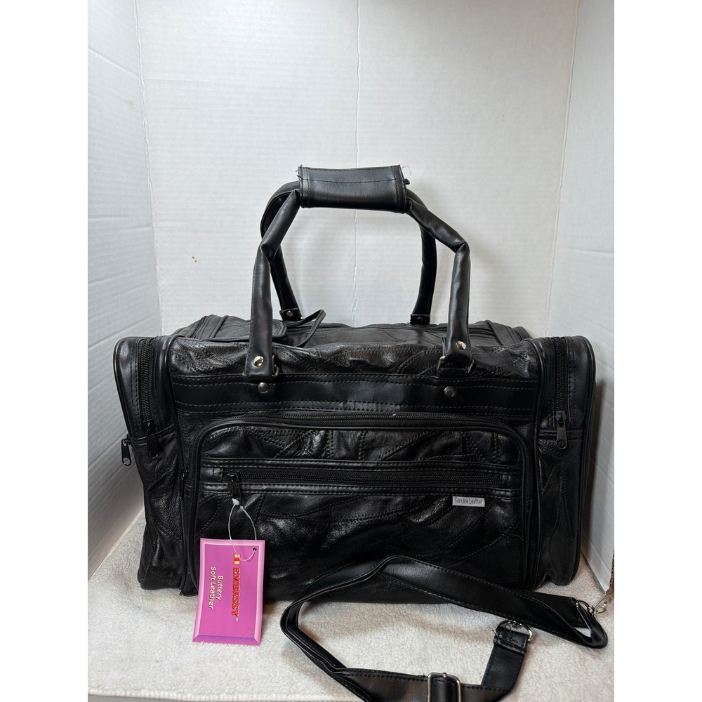 Embassy Tote Bag Unisex 17 Inch Black Genuine Patch Leather Duffle LULTS2 NWT
